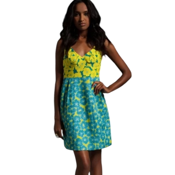 Floral Print Yellow/Blue Cut Out Back Babydoll Party Mini Dress Sz 6 - Picture 8 of 12